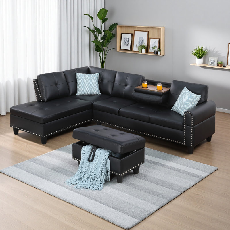 Canapé modulaire en L en similicuir avec rangement et porte-gobelets, Black