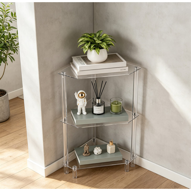Table d'appoint avec tablette d'angle - Petite table de coin de salon, présentoir de coin et tablette de rangement, Clear