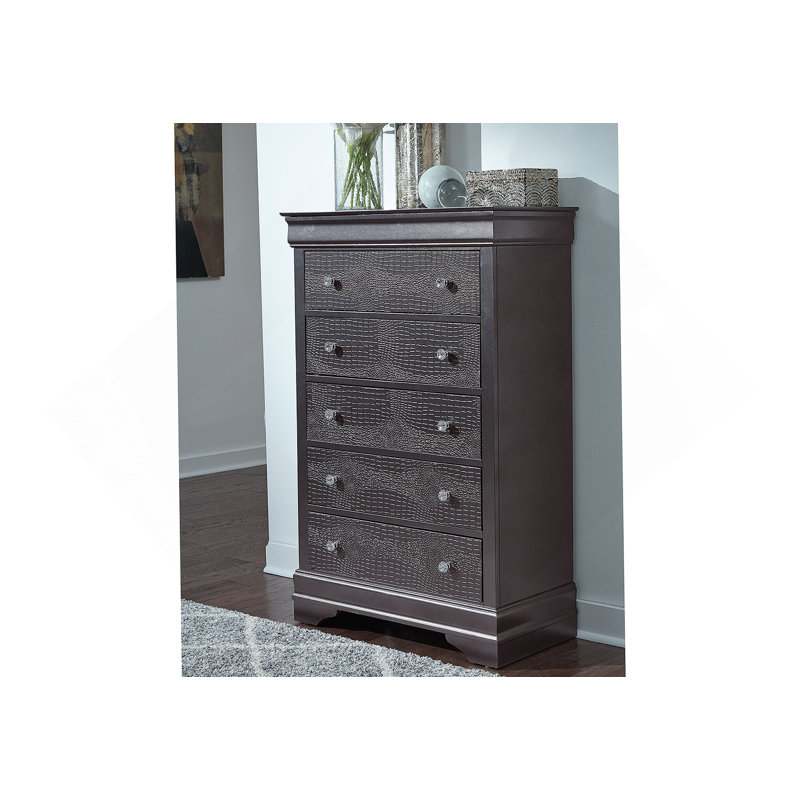 Commode verticale en bois manufacturé avec 5 tiroirs, Gris métallisé