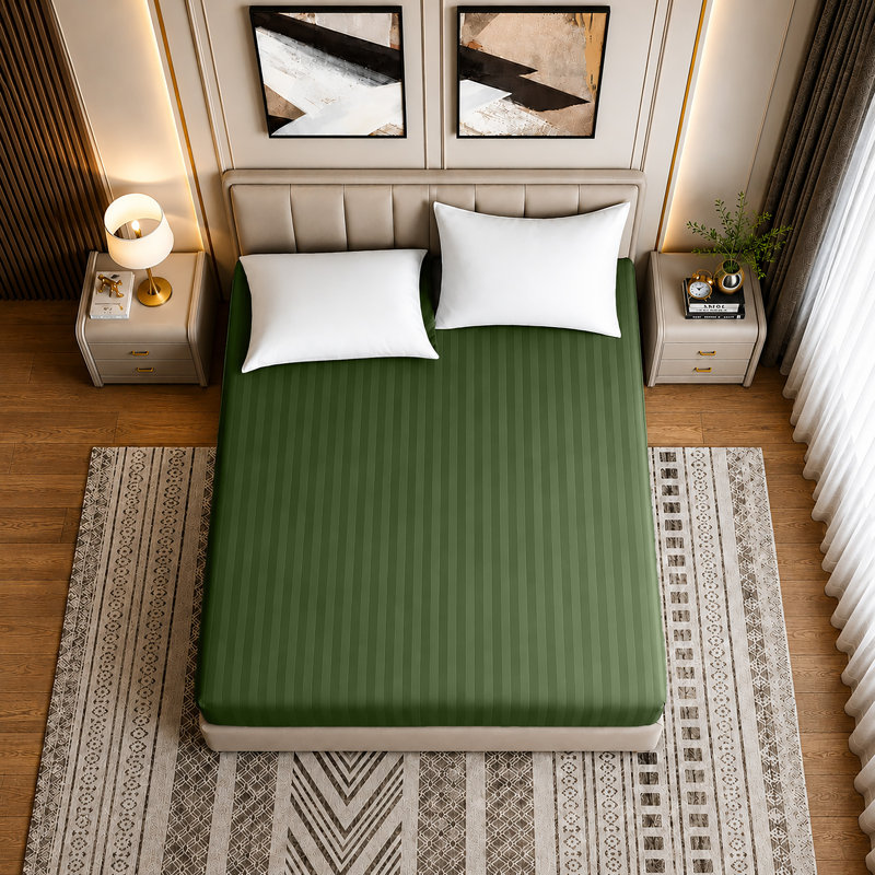Luxury Striped Microfiber Fitted Sheet - 40 cm Deep Pocket, Ultra-Soft, Wrinkle-Resistant & Easy Car, Double (4'6), Green