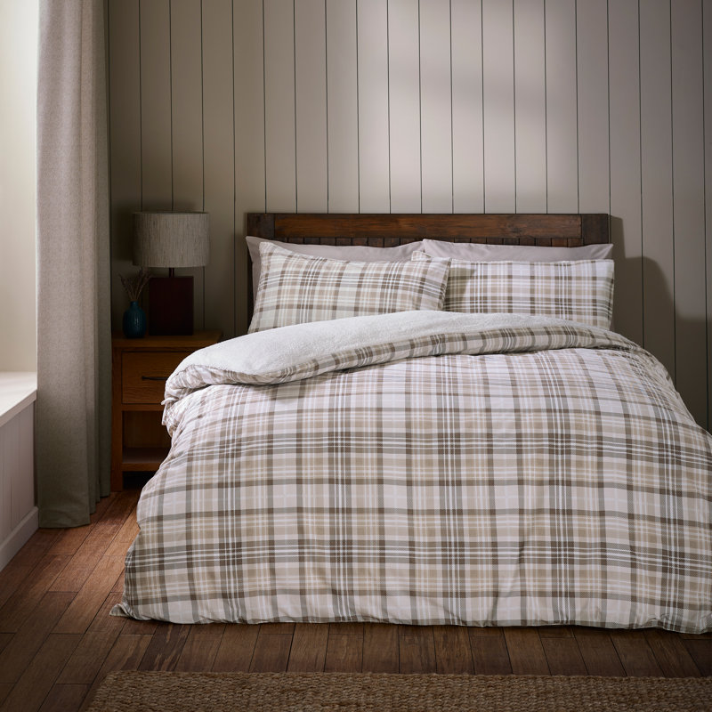 Cosy Sherpa Check Duvet Cover Set, Natural, Double Duvet Cover Set + 2 Standard Pillowcases