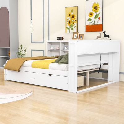 Wood DayBed with USB Charging Ports, Drawers and Storage Shelves