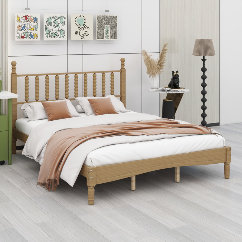 Lit plateforme en bois d'inspiration rétro avec tête de lit en forme de gourde et support en lattes de bois, Grand lit