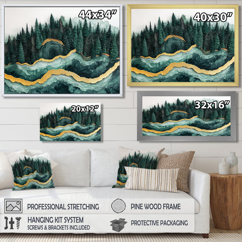 Forêt forêt de cristal émeraude III - forêt, art mural, H 30 po x l 40 po, Cadre flottant, Doré