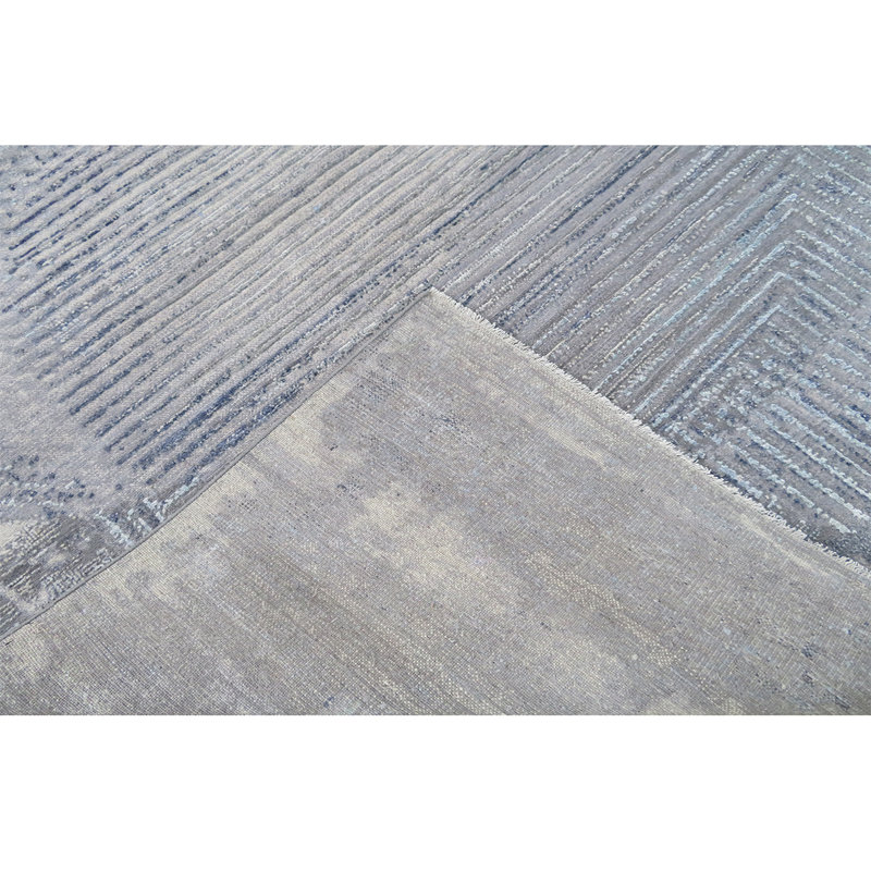 Tapis gris / blanc en viscose / laine noué à la main, Rectangle 8 pi x 10 pi