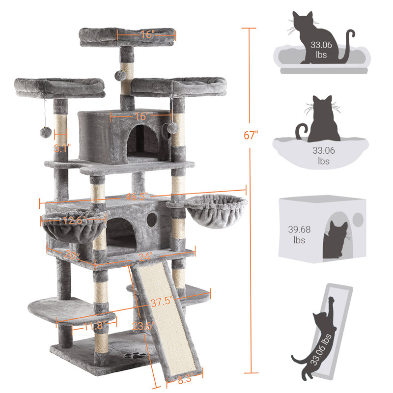 Lima Pet Heavy Duty Carpet 68 Inch Multi-Level Cat Tree Condos and Scratching Posts Included, Grey