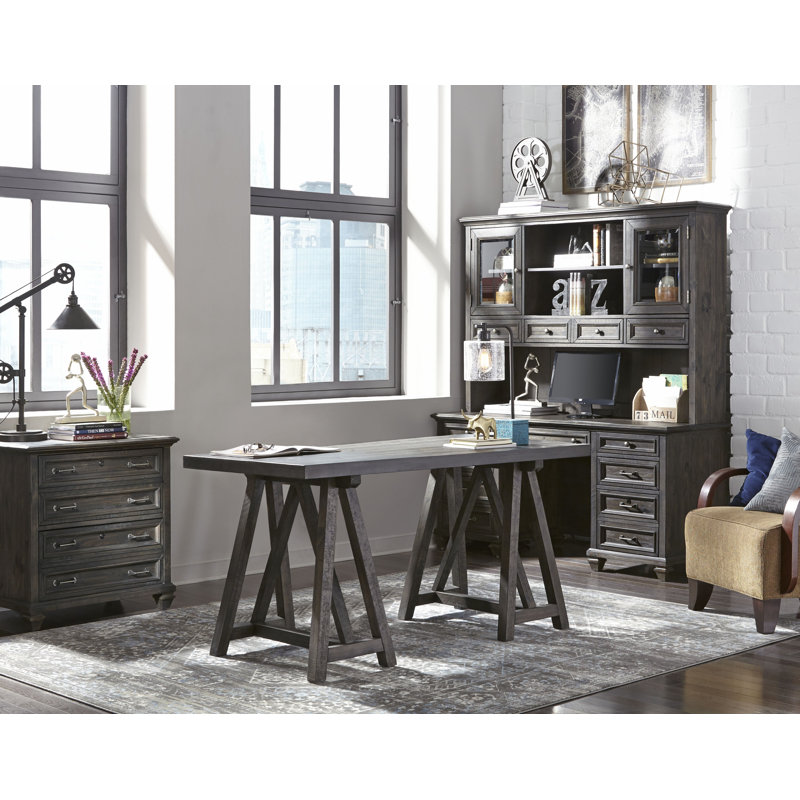 Credenza With Chair And Lateral File, Weathered Charcoal, 3 Pieces: Desk, Chair, Filing Cabinet