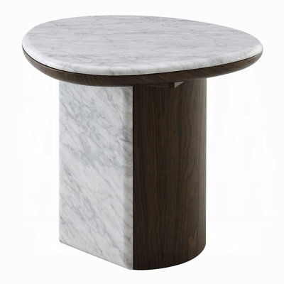 Jima Side End Table, 20 Inch White Marble Top, Brown Veneer Base