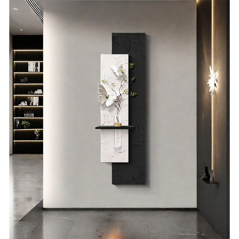 Décoration murale grès végétal vert de style Wabi-sabi, H 59,06 po x l 19,69 po x P 4,13 po, Blanc/Noir