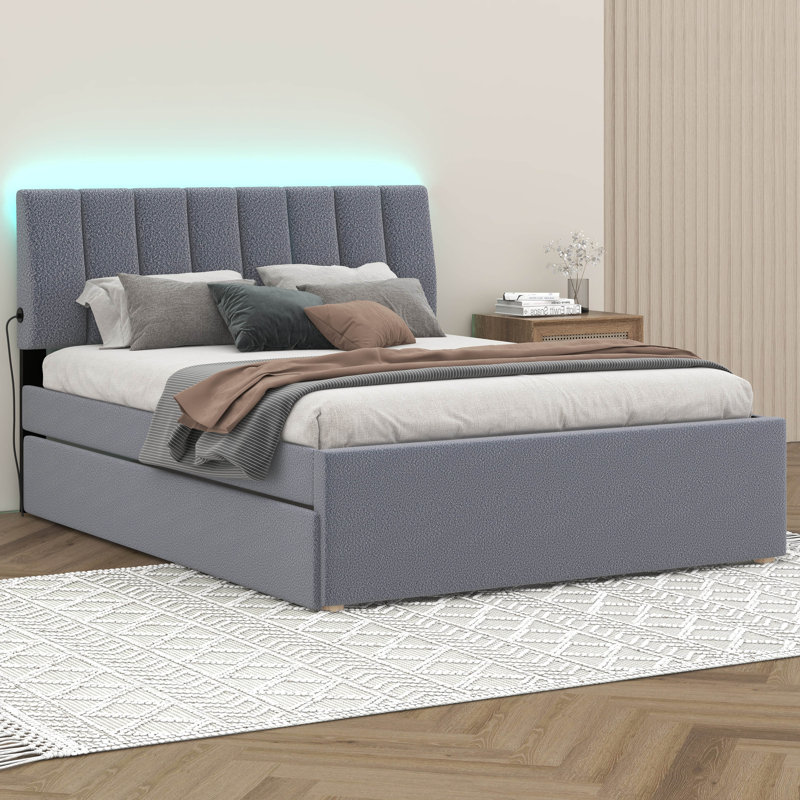 Merthie Full Size Upholstered Platform Bed with Trundle, Gray
