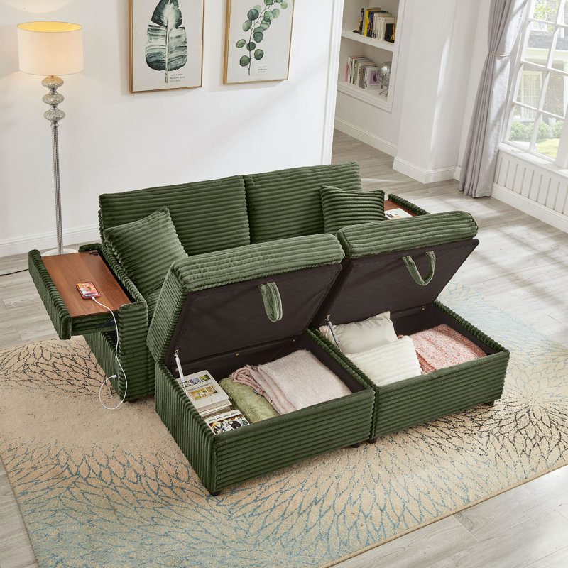 Canapé confortable moelleux en velours côtelé, espace de rangement pour grande causeuse, méridienne super moelleuse avec repose-pieds double et table de bout