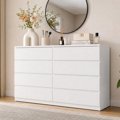 Commode moderne à 8 tiroirs, meuble de rangement spacieux avec tiroirs profonds pour chambre, salon, couloir et entrée, blanc