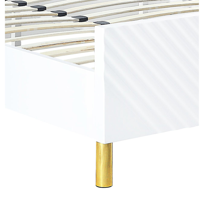 Lit Ek en métal blanc ultrabrillant - sans sommier, entièrement en kd, motif ondulé, 39 lattes, 4 pieds de soutien, capacité de 660 lb pour supporter le poids et finition en bois synthétique, structure en kd, charge maximale