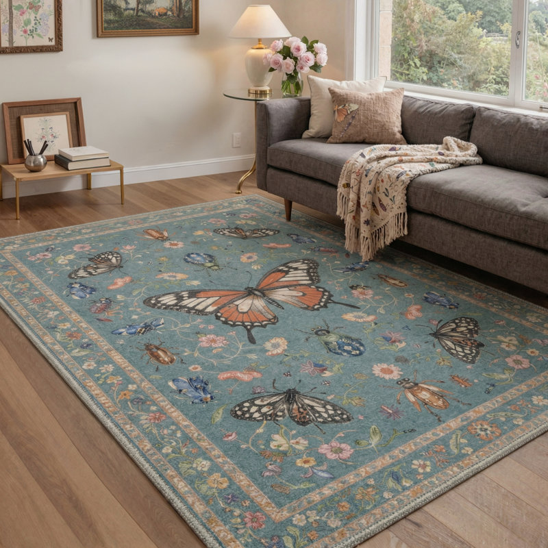 Animal Print Butterfly Machine Washable Dusty Blue/Tan Indoor Area Rug With Non-Slip Backing, Rectangle 6' x 9'