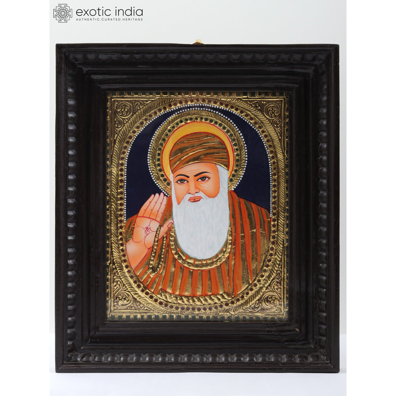 Gourou Nanak, peinture de Saib Tanjore | Couleurs traditionnelles avec or 24 carats | Structure en bois de teck