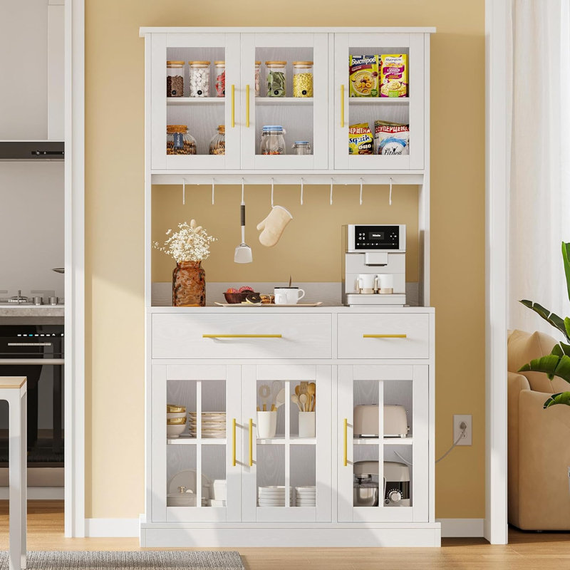 Armoire de rangement pour garde-manger de 71 po avec support pour micro-ondes, grande armoire de cuisine moderne avec prise de courant, garde-manger avec tiroirs et tablettes pour la maison, blanc
