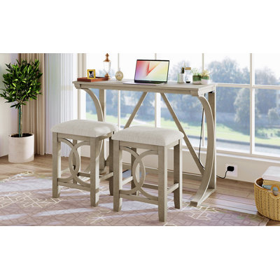 Ensemble de table de salle à manger à hauteur de comptoir 3 pièces Farmhouse avec port USB et tabourets rembourrés