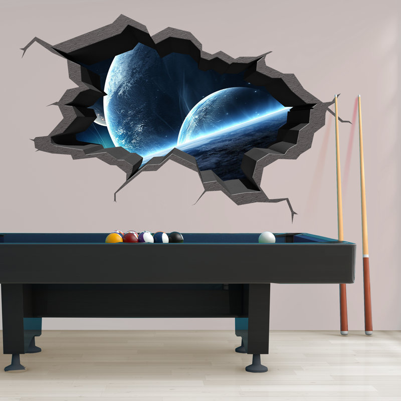 Adhésif mural 3D Terre - Murale de l'espace avec effet de lune et de mur brisé - Autocollant mural en vinyle pour les chambres d'enfants, les chambres et les salles de classe
