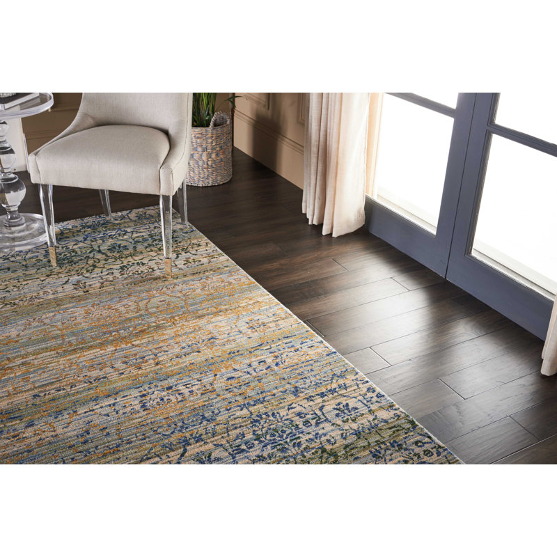 Tapis vert / bleu / beige Denoila, Rectangle 9 pi 9 po x 13 pi