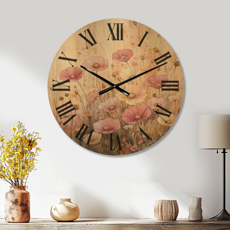 Horloge murale ronde à motif floral Blush Wildflower Meadow, imprimée sur bois, Grand