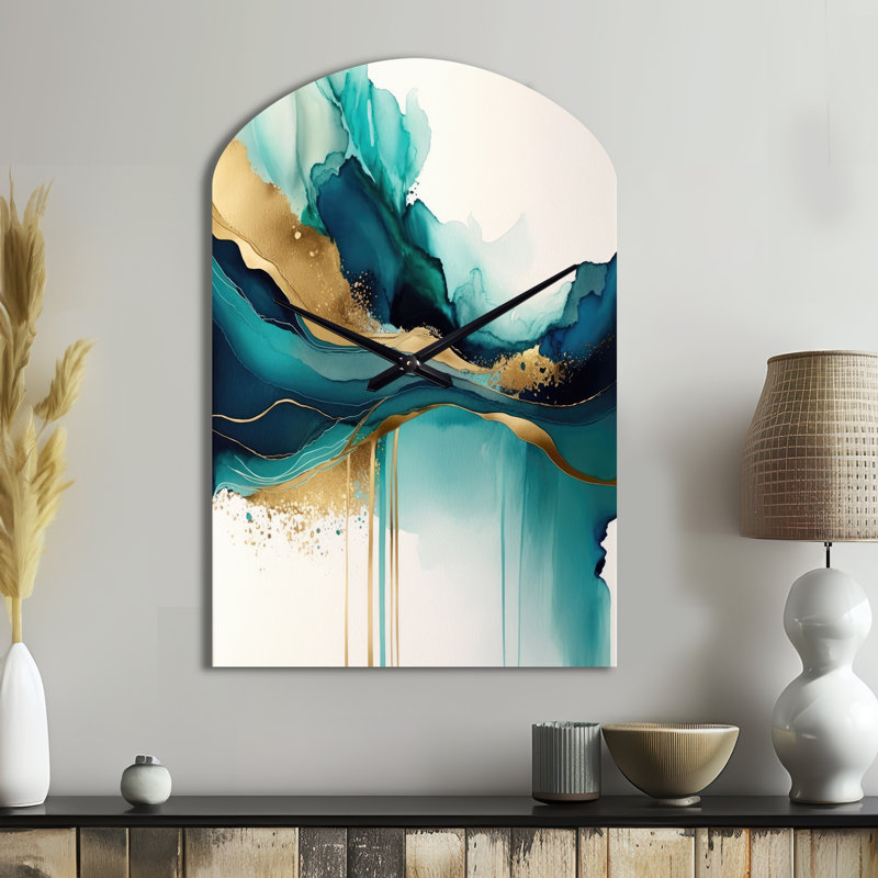 Grande horloge murale turquoise - sarcelle et or - expression abstraite II, Grand