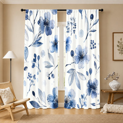 2Pcs rideaux floraux bleus, imprimé de fleurs à l'aquarelle, passe-tringle, filtrage de la lumière, rideaux de fenêtre décoratifs pour le salon, la chambre, le balcon, la cuisine, la décoration intérieure