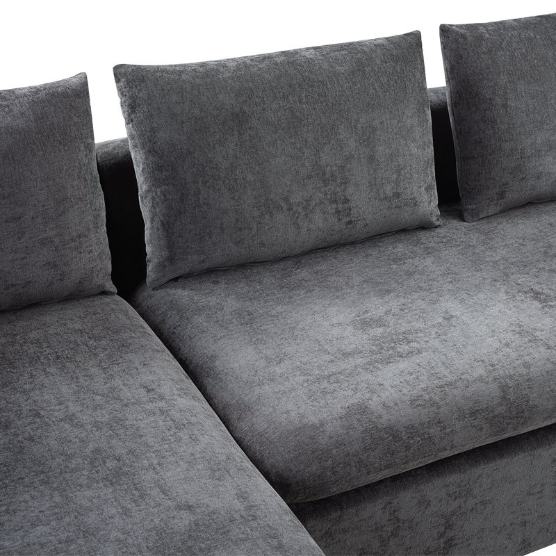 Canapé rembourré en L avec compartiment de rangement en bois et coussins décoratifs, Gris chenille
