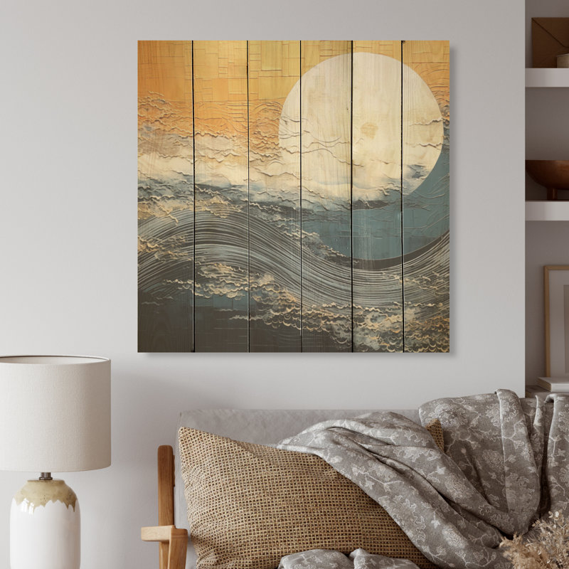 Noir et doré, rêverie coucher de soleil - lever de soleil sur bois de pin naturel, H 25 po x l 25 po