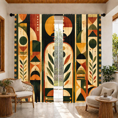 2Pcs Retro Geometric Botanical Curtains, Light Filtering Fabric, Vintage Abstract Art Pattern with Arch and Leaf Motifs, Sunshade Privacy for Living Room, Bedroom, Kitchen Home Decor