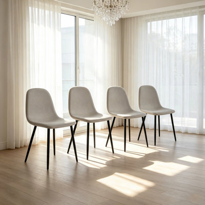 Ensemble de 4 chaises de salle à manger, chaises d'appoint modernes avec assise rembourrée en lin, chaise de cuisine en forme de cuillère avec pieds en métal noir, chaises d'appoint pour salle à manger et cuisine (beige)