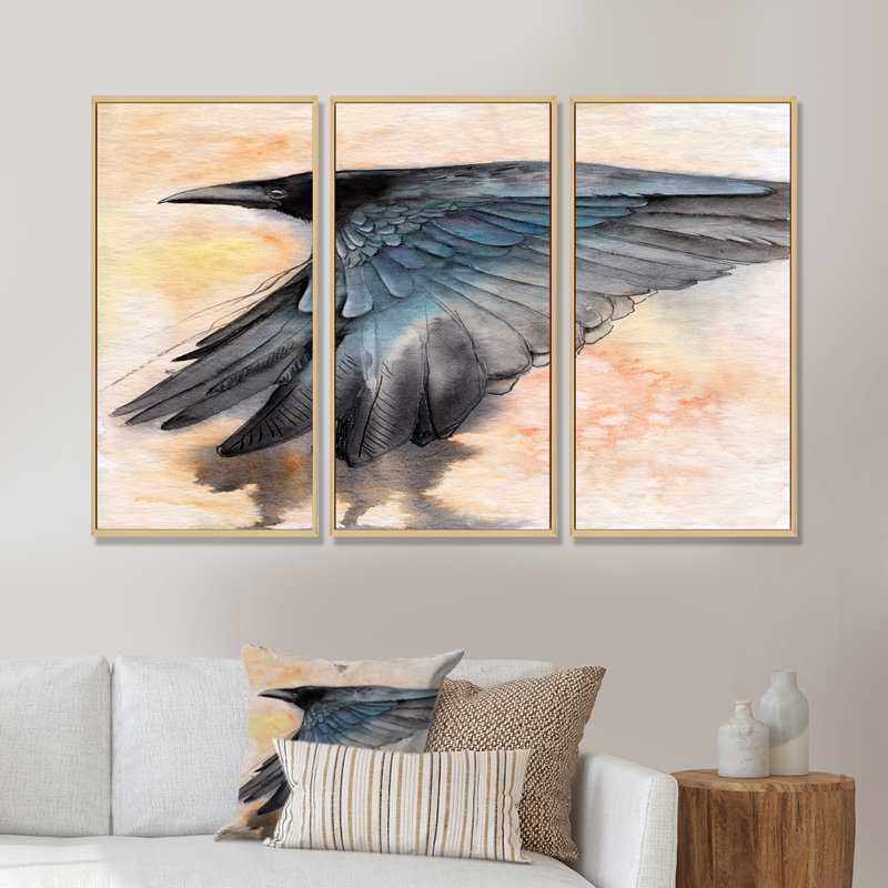 Raven noir déployant ses ailes - ensemble d'art mural sur toile traditionnel encadré de 3, H 32 po x l 48 po, Brun
