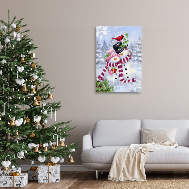 «Happy Snowman & Cardinal», art mural sur toile par Jean François, H 36 po x l 24 po