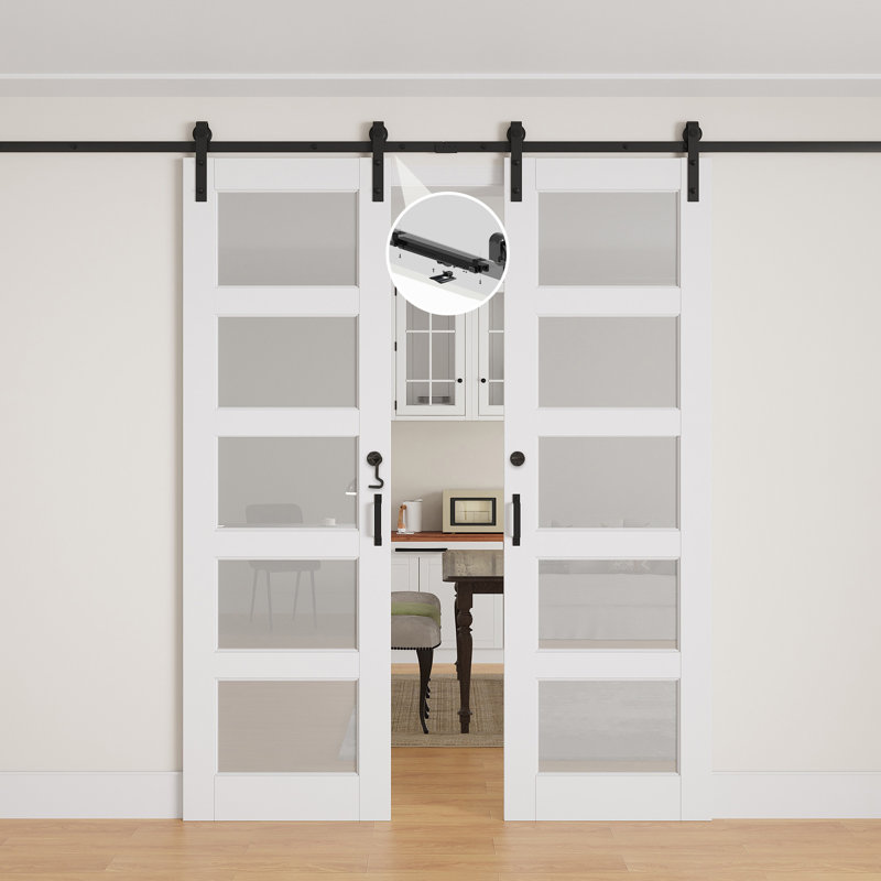 Portes de grange coulissantes en verre givré à double vitrage de 72 po x 80 po à 5 lumières avec surface apprêtée, prêt à l'emploi et toute la quincaillerie d'installation: serrure de porte à fermeture en douceur incluse