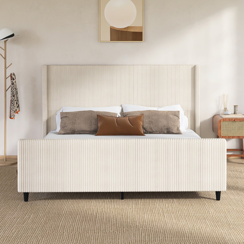 Wood King Corduroy Upholstered Platform Beds With High Headboard, King