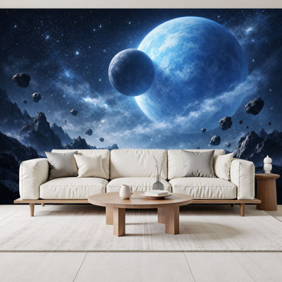 Papier peint adhésif pelez et collez Futuristic Space Landscape Giant Planets Rocky Terrain Blue Cosmic Sky Wall Wallals
