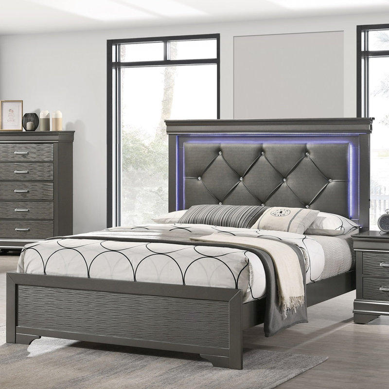 Tête de lit capitonnée en similicuir 1pc grand lit avec meubles de chambre à coucher à DEL gris et texture unique en bois massif FB