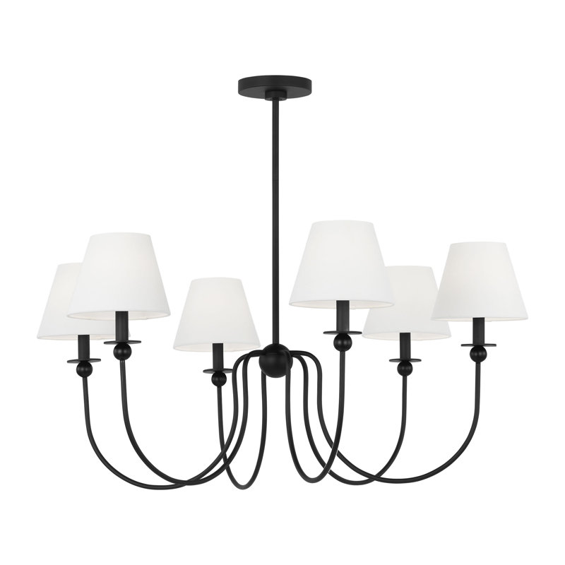 Lustre de salle à manger 6 lumières Elsay au fini noir minuit avec abat-jour en lin blanc, H 20 po x l 50 po x P 50 po