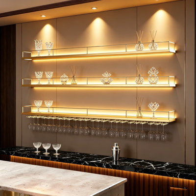 Support à vin mural avec lumières DEL - tablettes flottantes à 3 niveaux avec support en verre, tablette de bar industrielle en métal pour bar à domicile, salle à manger ou cave