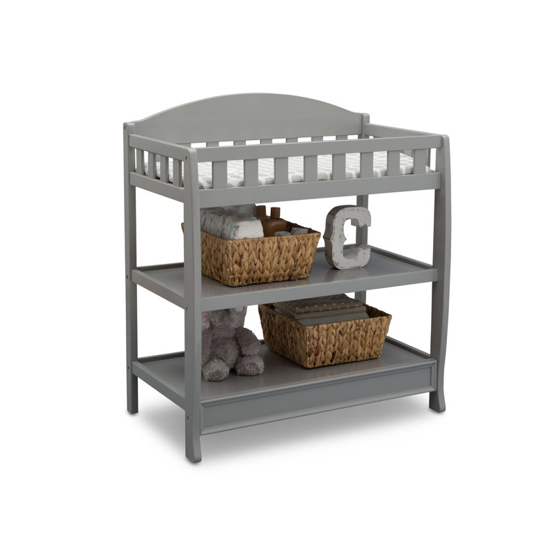 Gray Wooden Changing Table with Safety Strap and Shelves