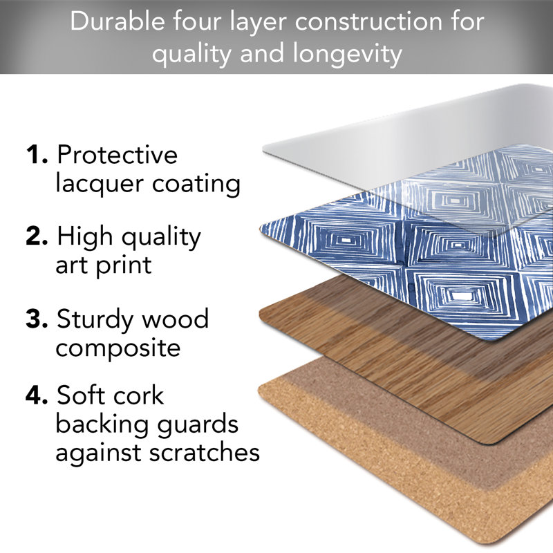 Blue and White Geometric Hardboard Placemats with Cork Backing, Set of 4