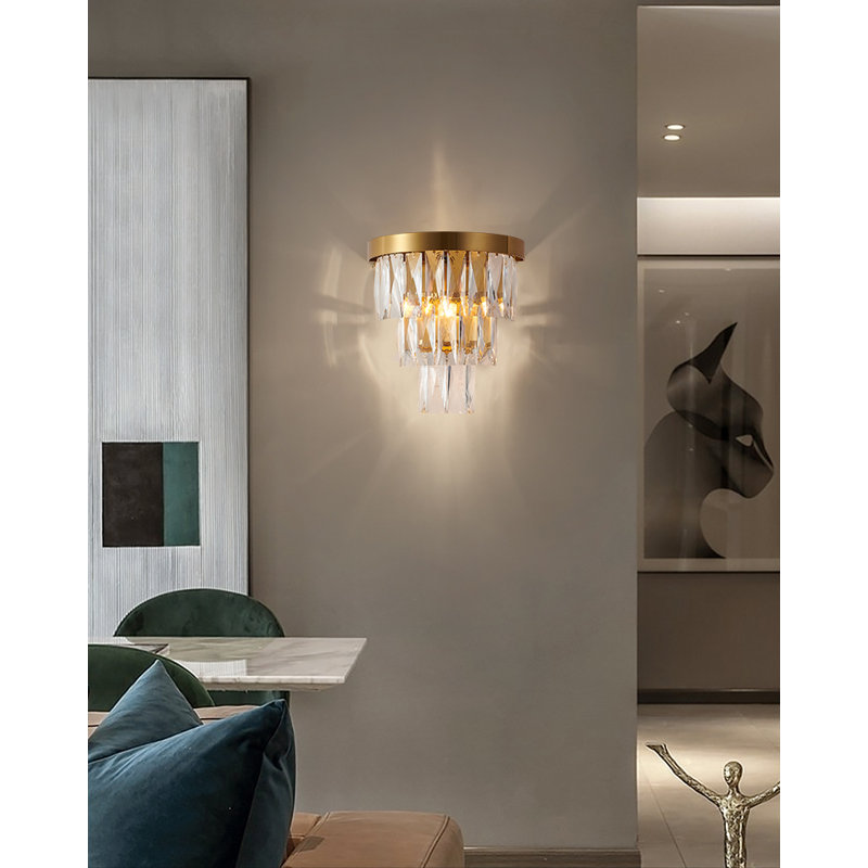 Transitional 1-Light Satin Brass Wall Sconce With Clear Hanging Crystals
