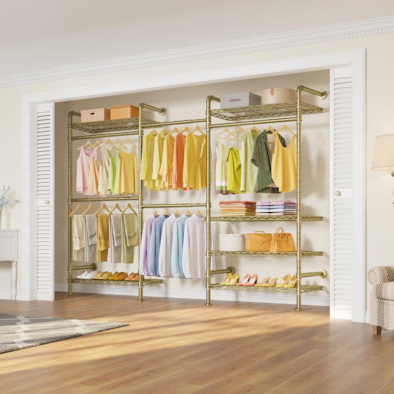  Timate F3 Expandable 6'3"-7'3" Wall Mounted Clothes Rack, Pipe Closet Garment Rack, Gold
