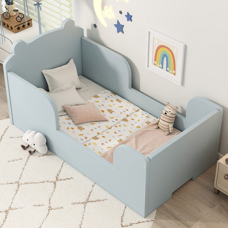 Lit pour tout-petits en forme d'ours, lit de bébé pour 3 à 6 ans, structure en bois de pin à profil bas, Bleu