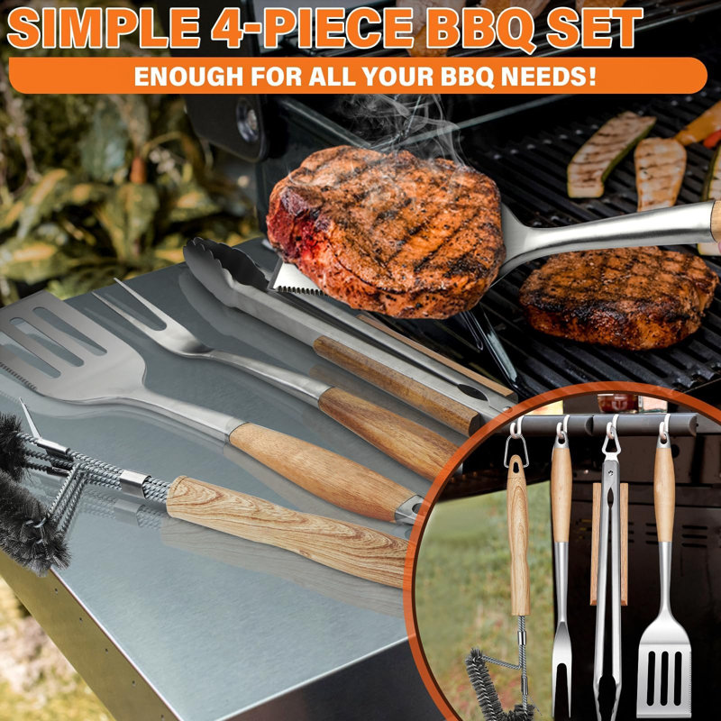 LIFETIME FLOORING LLC Grill Set 4PC BBQ Tools Set Grill Accessories With BBQ Spatula, BBQ Clips, Brushes, BBQ Forks Heavy Duty Grill Kit Grill Tools For Outdoor Grill With Wood Handles Gift Ideas For Dad Man