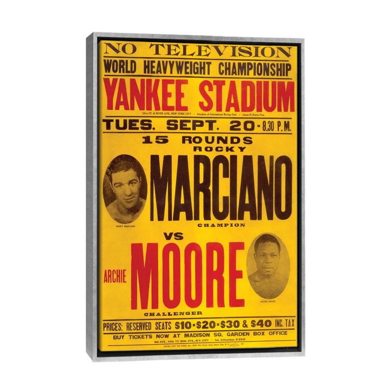 Marciano contre Moore - publicité imprimée, H 40 po x l 26 po x P 1,5 po, Aucun mat, Toile avec cadre argenté