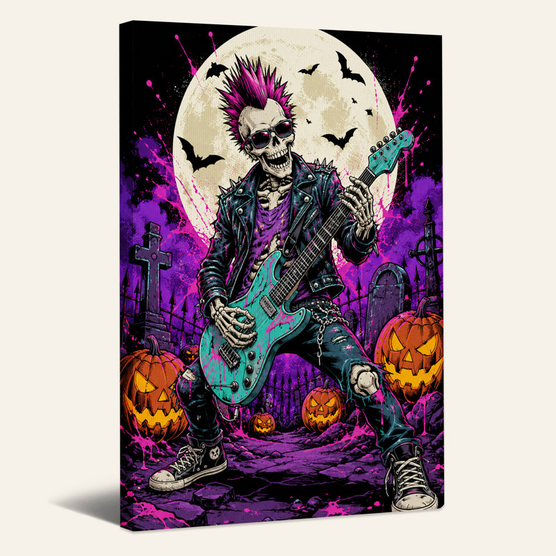 Toile punk squelette avec guitare bleu sarcelle au cimetière d'Halloween, H 30 po x l 20 po