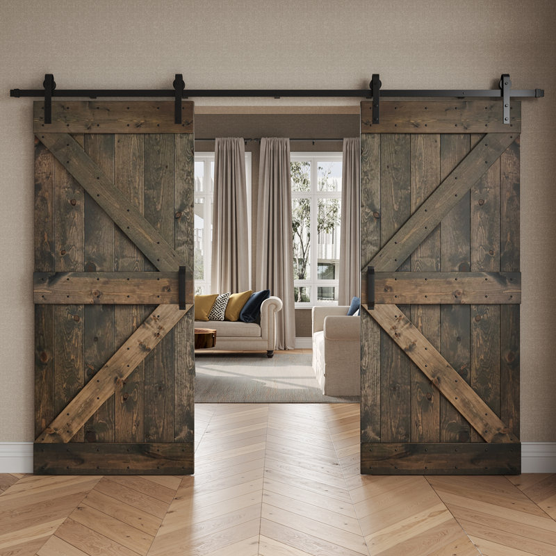 K Series Pine Wood Double Sliding Barn Door with Hardware Kit, 84" H x 36" W, Aged Barrel