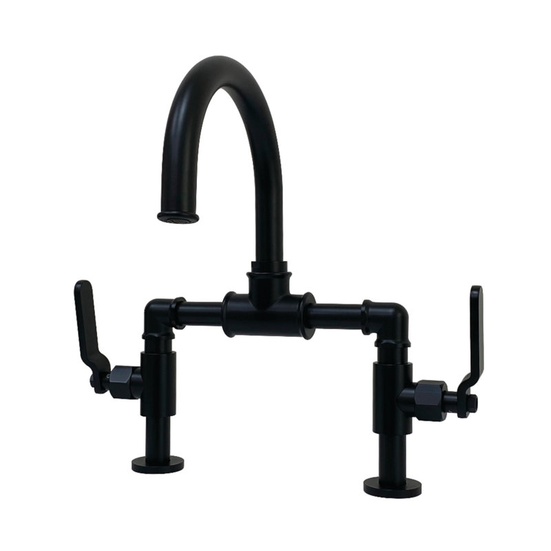 Kingston Brass Whitaker Two-Handle 2-Hole Deck Mount Bridge Bathroom Faucet with Pop-Up Drain, Matte Black
