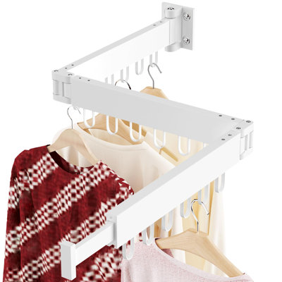 Clothes Drying Rack Wall Mounted, Space-Saving Drying Rack Clothing, Collapsible Foldable Retractable Laundry Rack With 18 Hooks, Indoor/Outdoor, White