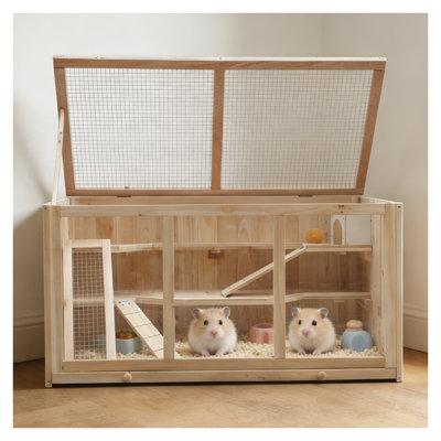 37.4 Inch Multi-Level Wooden Hamster Cage with Acrylic Windows & Pull-Out Tray, Natural Solid Wood Small Animal Habitat for Hamsters, Rabbits, Guinea Pigs